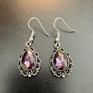 Vintage-Inspired Purple Teardrop Dangle Earrings with Silver Filigree